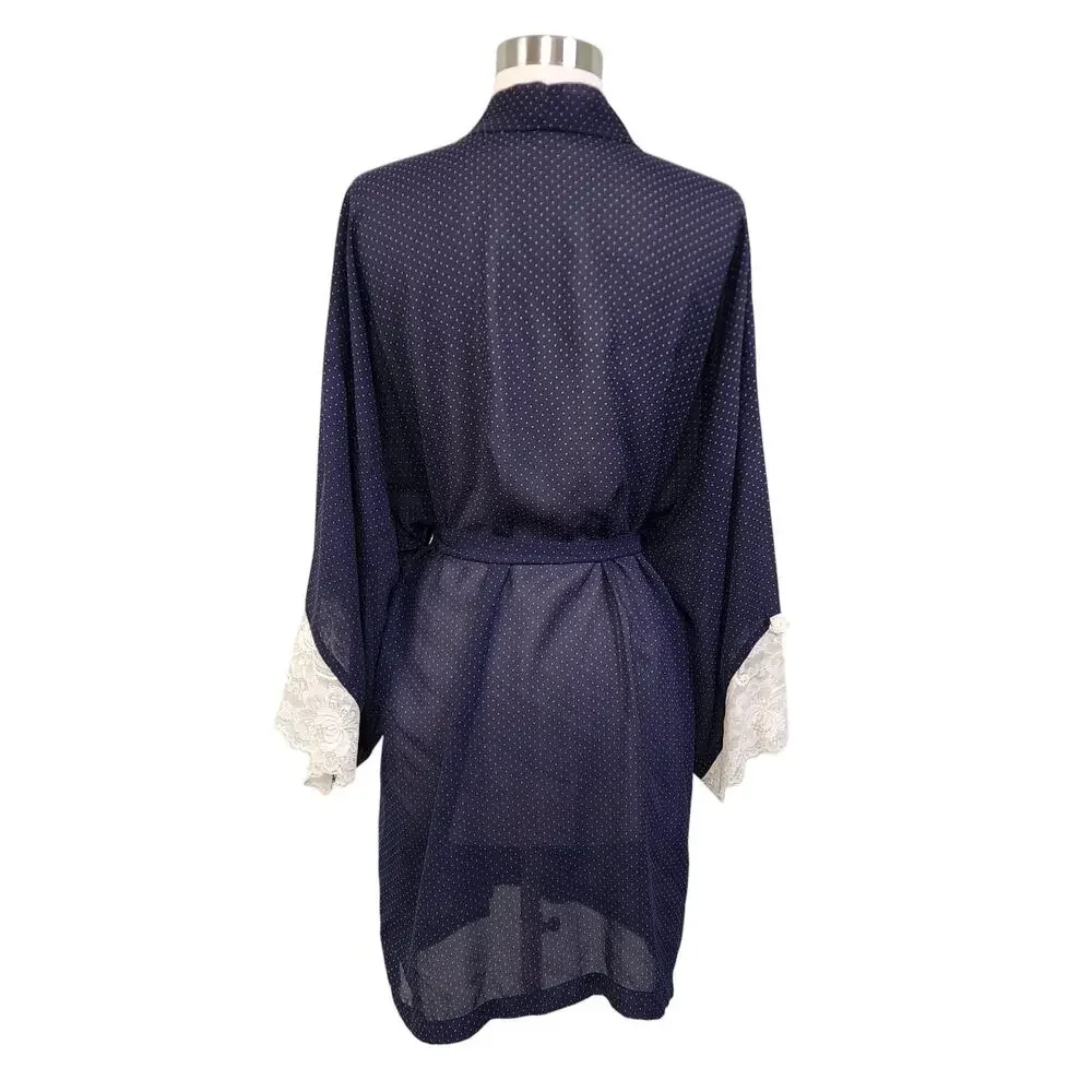 Amelias Womens Vintage Sheer Polka Dot Robe Size Large Navy Blue White Lace Cuff
